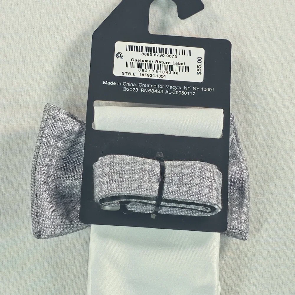 Alfani Mens Bow Tie & Pocket Square Set OS Grey/White Geometric Necktie NWT